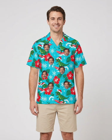 Surfing T-Rex Santa Dinosaur Christmas Hawaiian Shirt with printed faces, worn by a man