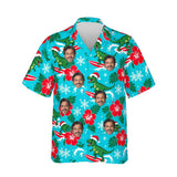 Surfing T-Rex Santa Dinosaur Christmas Hawaiian Shirt personalized with printed faces, front view