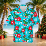 Surfing T-Rex Santa Dinosaur Christmas Hawaiian Shirt print before personalizing, front view