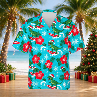 Surfing T-Rex Santa Dinosaur Christmas Hawaiian Shirt print before personalizing, front view
