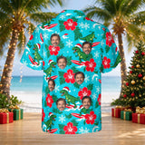Surfing T-Rex Santa Dinosaur Christmas Hawaiian Shirt with custom faces, back view