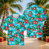 Surfing T-Rex Santa Dinosaur Christmas Hawaiian Shirt with custom faces, front and back