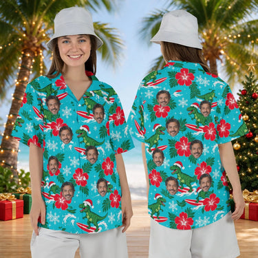Woman wearing the Surfing T-Rex Santa Dinosaur Christmas Hawaiian Shirt with custom faces, front and back view