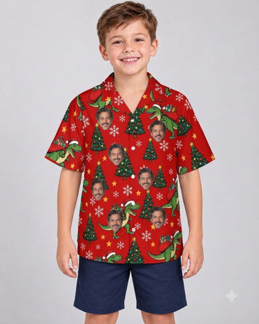 T-Rex Santa Dinosaur Christmas Hawaiian Shirt with printed faces, worn by a child