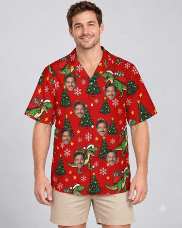 T-Rex Santa Dinosaur Christmas Hawaiian Shirt with printed faces, worn by a man