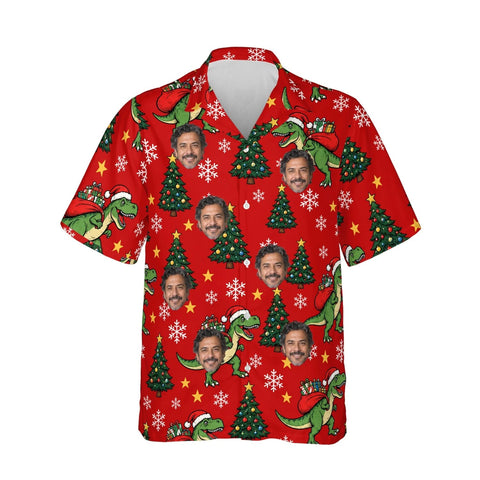 T-Rex Santa Dinosaur Christmas Hawaiian Shirt personalized with printed faces, front view