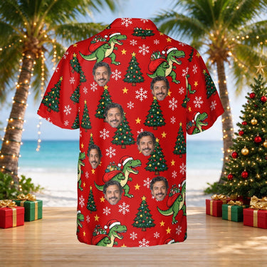 T-Rex Santa Dinosaur Christmas Hawaiian Shirt with custom faces, back view