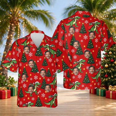 T-Rex Santa Dinosaur Christmas Hawaiian Shirt with custom faces, front and back