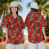 Woman wearing the T-Rex Santa Dinosaur Christmas Hawaiian Shirt with custom faces, front and back view