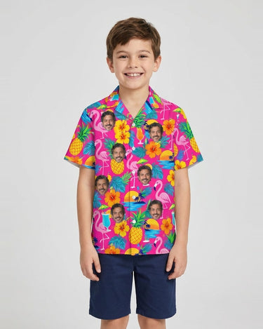 Tacky Tourist Ugly Hawaiian Shirt with printed faces, worn by a child