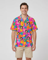 Tacky Tourist Ugly Hawaiian Shirt with printed faces, worn by a man