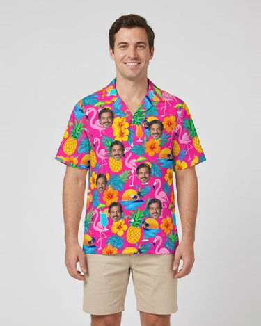 Tacky Tourist Ugly Hawaiian Shirt with printed faces, worn by a man
