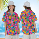 Woman wearing the Tacky Tourist Ugly Hawaiian Shirt with custom faces, front and back view