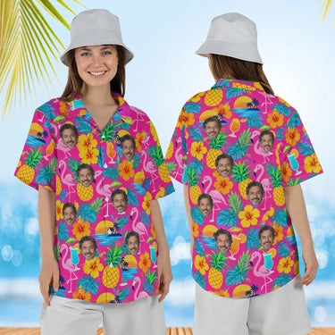 Woman wearing the Tacky Tourist Ugly Hawaiian Shirt with custom faces, front and back view