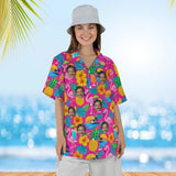 Woman wearing the Tacky Tourist Ugly Hawaiian Shirt with custom faces
