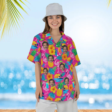 Woman wearing the Tacky Tourist Ugly Hawaiian Shirt with custom faces
