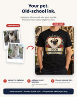 Personalization guide for a tattoo style pet tee: upload one to three photos, add a name and optional small text, then choose ink colors and shirt.