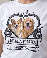 Close-up of a white tattoo pet shirt with grayscale roses and heart, two full-color dog portraits, a Bella and Max scroll and Forever Loyal text.