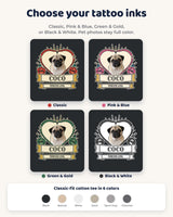 Four tattoo ink choices for a custom pet portrait shirt: Classic, Pink and Blue, Green and Gold, and Black and White, with full-color pet photos.