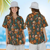 Woman wearing the Tavern Tiki Fantasy RPG Hawaiian Shirt with custom faces, front and back view