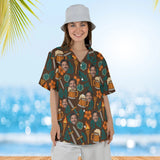 Woman wearing the Tavern Tiki Fantasy RPG Hawaiian Shirt with custom faces