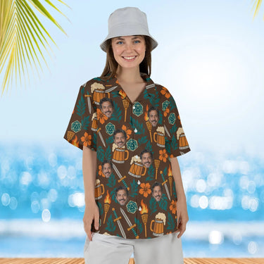 Woman wearing the Tavern Tiki Fantasy RPG Hawaiian Shirt with custom faces