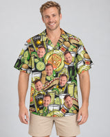 Tequila Tasting Hawaiian shirt with printed faces, worn by a man