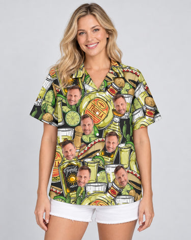 Tequila Tasting Hawaiian shirt with printed faces, worn by a woman