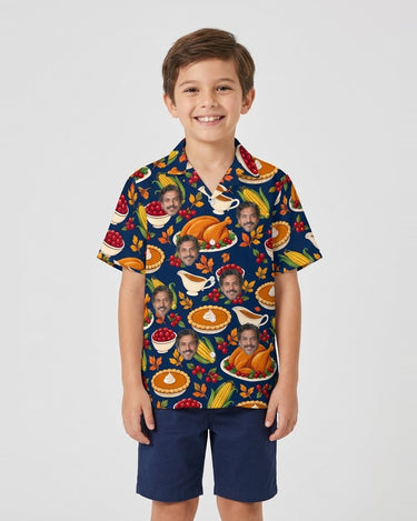 Thanksgiving Feast Hawaiian Shirt with printed faces, worn by a child