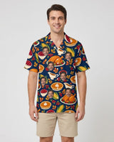 Thanksgiving Feast Hawaiian Shirt with printed faces, worn by a man