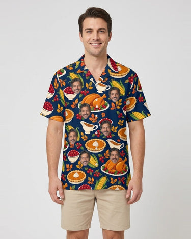 Thanksgiving Feast Hawaiian Shirt with printed faces, worn by a man