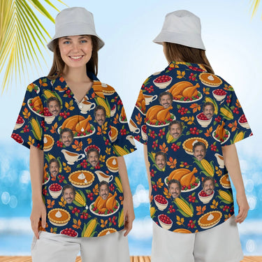 Woman wearing the Thanksgiving Feast Hawaiian Shirt with custom faces, front and back view
