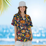 Woman wearing the Thanksgiving Feast Hawaiian Shirt with custom faces