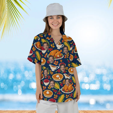 Woman wearing the Thanksgiving Feast Hawaiian Shirt with custom faces