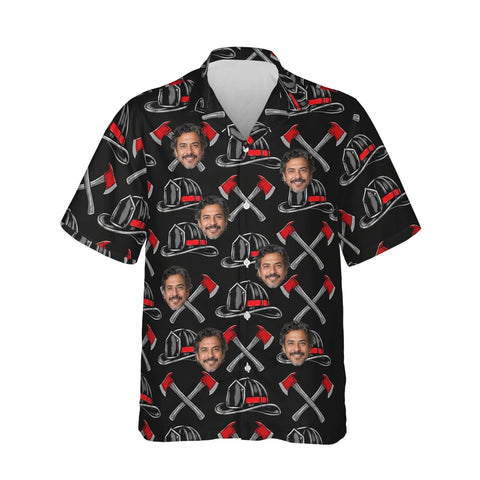 Thin Red Line Firefighter Hawaiian Shirt personalized with printed faces, front view