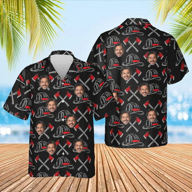 Thin Red Line Firefighter Hawaiian Shirt with custom faces, front and back