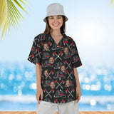 Woman wearing the Thin Red Line Firefighter Hawaiian Shirt with custom faces