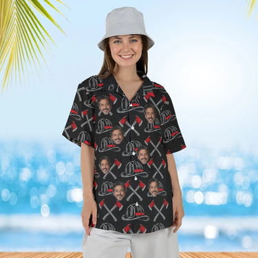 Woman wearing the Thin Red Line Firefighter Hawaiian Shirt with custom faces