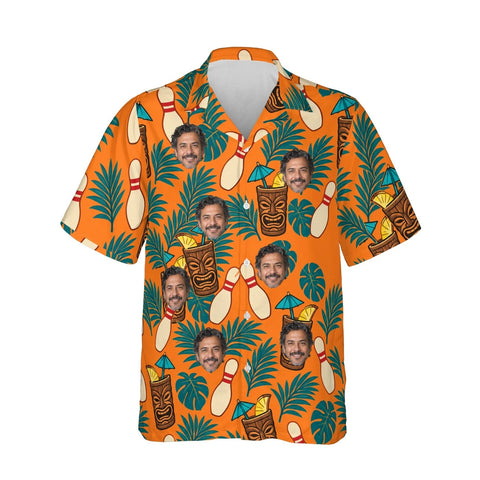 Tiki Bowl Hawaiian Bowling Shirt personalized with printed faces, front view