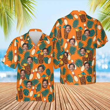 Tiki Bowl Hawaiian Bowling Shirt with custom faces, front and back