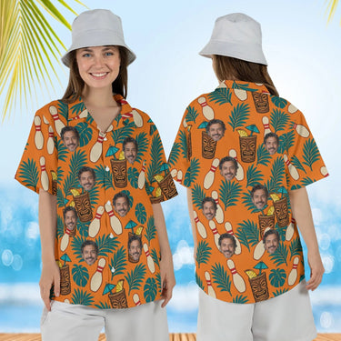 Woman wearing the Tiki Bowl Hawaiian Bowling Shirt with custom faces, front and back view