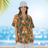Woman wearing the Tiki Bowl Hawaiian Bowling Shirt with custom faces