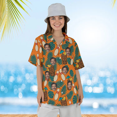 Woman wearing the Tiki Bowl Hawaiian Bowling Shirt with custom faces