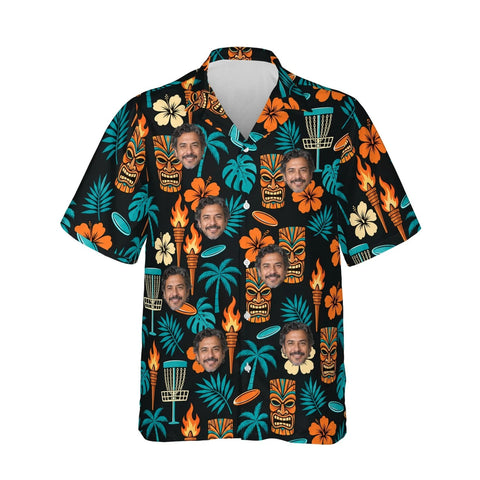 Tiki Disc Golf Hawaiian Shirt personalized with printed faces, front view