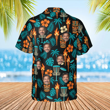 Tiki Disc Golf Hawaiian Shirt with custom faces, back view