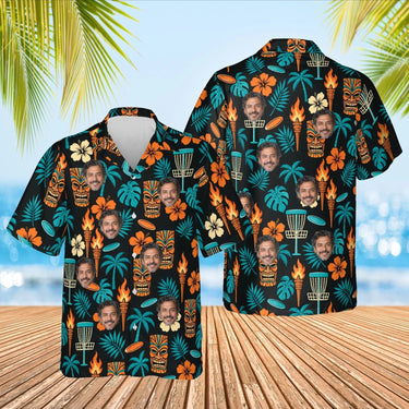 Tiki Disc Golf Hawaiian Shirt with custom faces, front and back