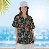 Woman wearing the Tiki Disc Golf Hawaiian Shirt with custom faces