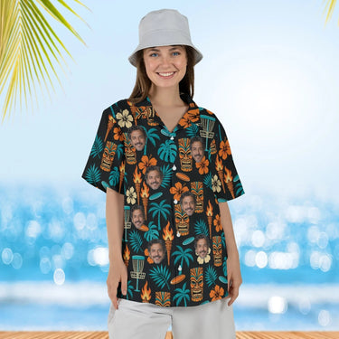 Woman wearing the Tiki Disc Golf Hawaiian Shirt with custom faces