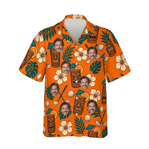 Tiki Golf Funny Hawaiian Golf Shirt personalized with printed faces, front view