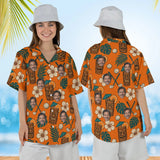 Woman wearing the Tiki Golf Funny Hawaiian Golf Shirt with custom faces, front and back view